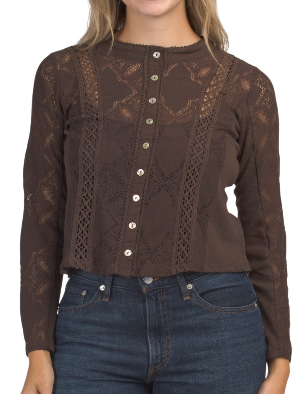 Cable & Gauge Brown Crochet-Accent Button Front Top